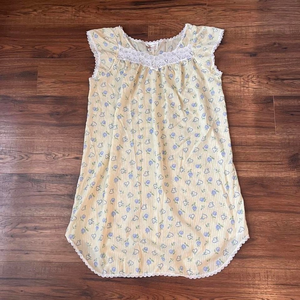 Vintage Pastel Yellow Floral Dress Lace Women L Coquette Cottagecore Lightweight